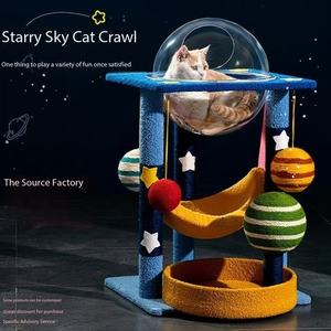 Tour d'escalade pour chat en bois avec étoiles et lune, lit en chanvre, plateforme de saut, nid, colonne à gratter pour chat - Product Image 2