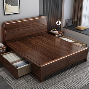 Walnut Solid Wood Storage <b>Bed</b> 1.5M <b>Double</b> Chinese Style Master Bedroom High <b>Box</b> <b>Bed</b> - Product Image 3