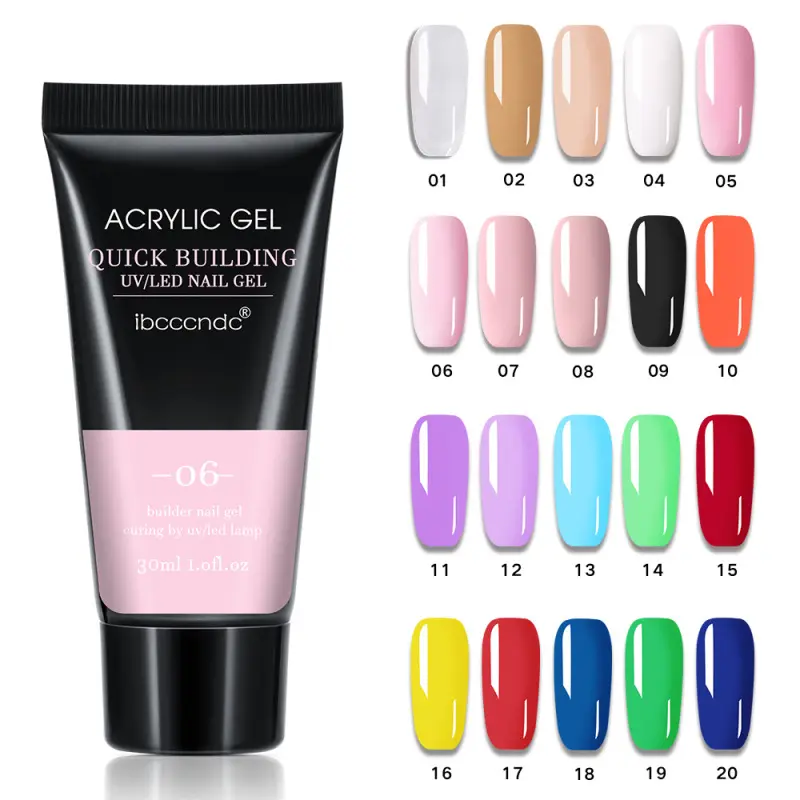 Gel acrilico di estensione delle dita di costruzione rapida all'ingrosso da 30ml 20 colori smalto per unghie UV/LED Gel di cristallo di lunga durata indolore rapido