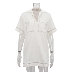 Top cuciture doppie tasche sul petto 2025 estate cotone manica corta Casual <span class=keywords><strong>bianco</strong></span> Polo abiti <span class=keywords><strong>con</strong></span> <span class=keywords><strong>colletto</strong></span> da donna - Product Image 4