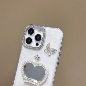 Custodia per Telefono con Cornice a Specchio Diamantata, Sfondo Bianco con Specchio Rotondo, Decorazioni con Farfalle, Lettere e Corona <span class=keywords><strong>di</strong></span> Perle - Product Image 4