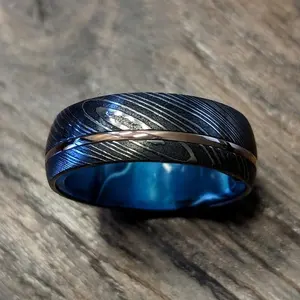 Anillos de acero de Damasco para hombre, joyería de 8mm, anillo de moda azul pulido y brillante para boda