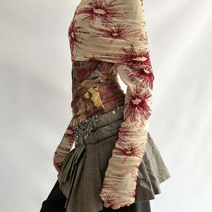 Vintage Bohemian <b>Floral</b> Digital Printed Compressed <b>Off</b>-<b>Shoulder</b> <b>Top</b> with Sheer Mesh Panels-Knit Sweater - Product Image 3