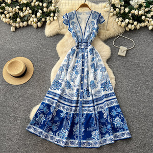 blue dress for baby girl The Anndee short dress in blue and white porcelain block print – Grace  Harris Collection main image 1