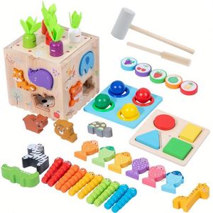 Children's Multifunctional Wooden Montessori Eight-in-One Knock Ball Animal Matching Fishing Early Education Educational Toys - Product Image 1