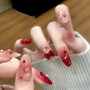 Uñas Postizas Hechas a Mano con Diseño <span class=keywords><strong>de</strong></span> Año Nuevo 2026, Color <span class=keywords><strong>Vino</strong></span> <span class=keywords><strong>Tinto</strong></span> con Diamantes Brillantes, Dulces y Encantadoras - Product Image 4