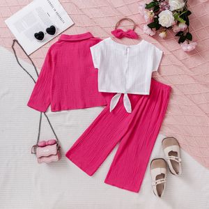 Nuovo Set Primaverile e Autunnale <span class=keywords><strong>per</strong></span> Ragazze: Canotta Tinta Unita + Camicia + Pantaloni in Crêpe + Cintura + Fascia <span class=keywords><strong>per</strong></span> Capelli - Product Image 2