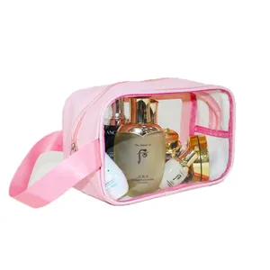 Bolsa de maquillaje portátil impermeable, bolsa de viaje transparente esmerilada de Pvc con Logo personalizado rosa claro