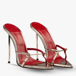 Sandales à talons hauts pour femme, grande taille 45, avec décorations métalliques, bout ouvert pointu, style mules, coupe large, pour soirée - Product Image 3