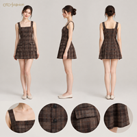 Robe courte à col carré en plaid marron pour femmes, boutonnée devant, coupe évasée, classique, décontractée, personnalisable, OEM, marque privée