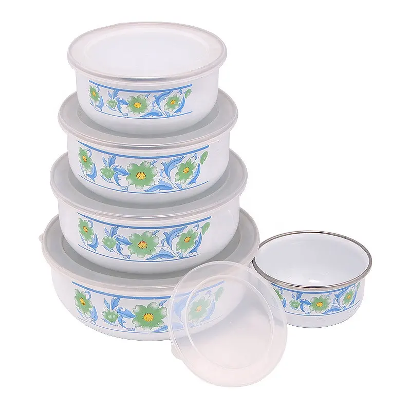 3PCS 5PCS Hot New Flower Esmalte Tigela De Mistura Lce Bowl Set Com Tampa De Plástico Enamelware Tigela De Armazenamento De Alimentos