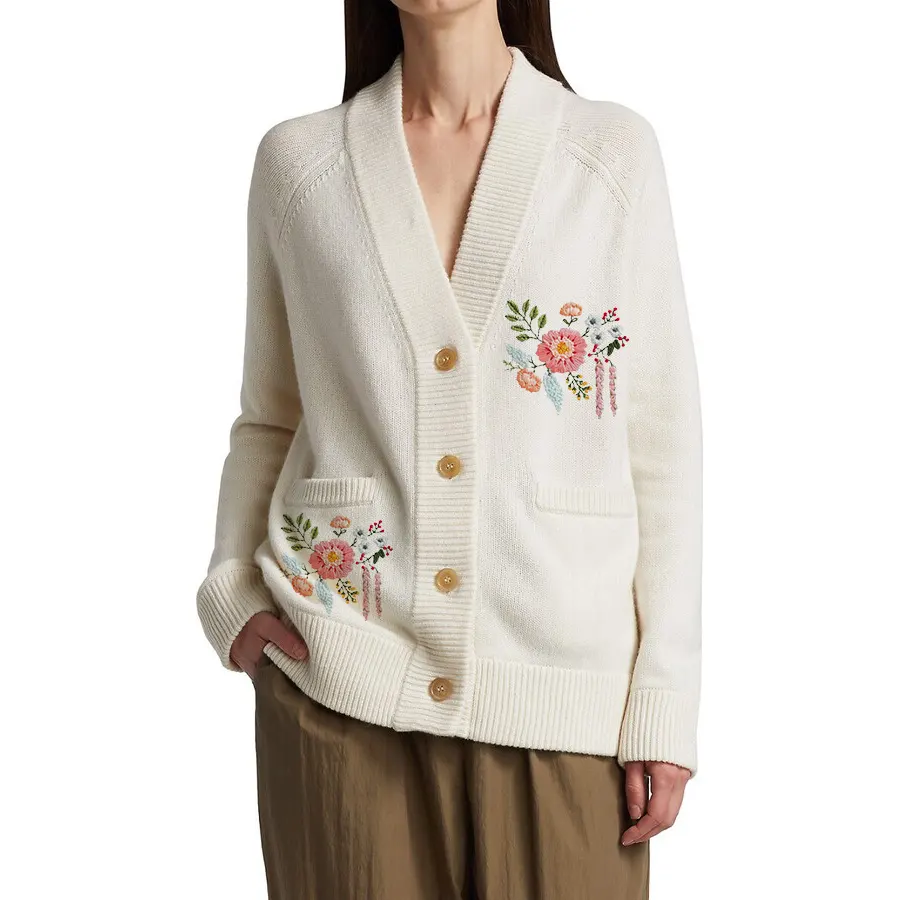 Cárdigan bordado de punto de gran tamaño con logotipo personalizado para mujer, cárdigan holgado de punto jacquard a la moda para mujer, suéter con bolsillos