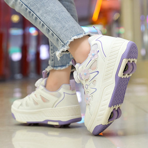 Chaussures de skate pour filles avec roulettes, motif floral, bout rond, doublure en maille, semelle extérieure en caoutchouc, style plateforme, toutes saisons, respirantes, à lacets - Product Image 1