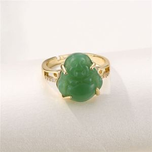Hot Fashion Elegant Gold Plated Open <b>Adjustable</b> <b>Ring</b> Wholesale Trendy Charm Zircon Jade Maitreya Buddha <b>Ring</b> for Women - Product Image 2