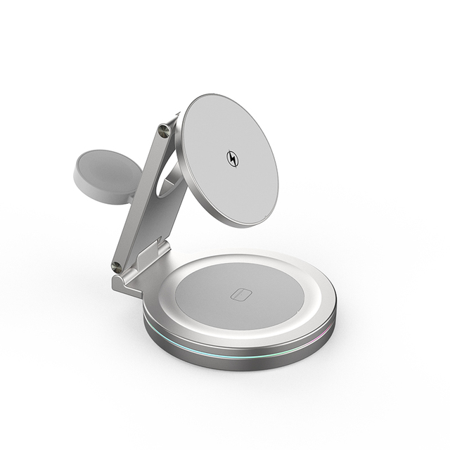 Foldable 3 in 1 Magnetic Wireless Charger Aluminum Phone Stand 15W Fast Charging Station with 360 Rotate Base and RGB Light