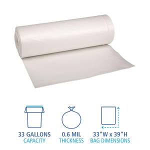 Bolsas para Basura Blancas Boardwalk de 33 Galones, Plástico Biodegradable de Baja Densidad de 0.6 Mil, 25 Bolsas/Rollo, 6 Rollos/Caja - Product Image 1