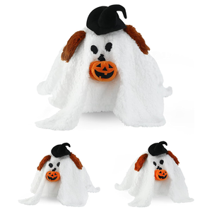 Bolsa de tratamiento de Halloween, fantasma de cara aterradora suave blanca con sombrero mágico negro que sostiene una calabaza vívida, perro fantasma de peluche relleno - Product Image 1