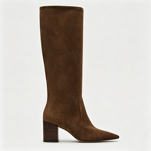 <span class=keywords><strong>Stivali</strong></span> Kingdi taglia grande in pelle scamosciata <span class=keywords><strong>marrone</strong></span> al ginocchio, con punta affusolata e <span class=keywords><strong>tacco</strong></span> a blocco in legno, slip-on, alla moda e casual - Product Image 1