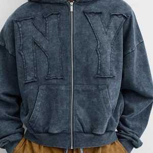 Snow Washed French Terry Distressed Embroidery Cropped Street Style Vintage Fashion Zippered Denim Hoodie <strong>Jacket</strong> for Men - Product Image 3