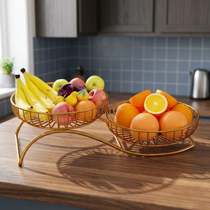 Corbeille à fruits moderne à double niveau, conteneur de rangement rond pour cuisine, paniers en métal sur pied - Product Image 2
