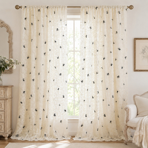 COSENNATUR Rideaux Transparents Modernes Filtrant la Lumière, Brodés <span class=keywords><strong>de</strong></span> Roses Noires, pour Salon et Chambre à Coucher - Product Image 1