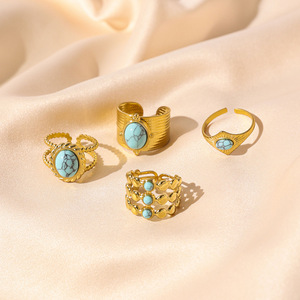 Geometric <b>Turquoise</b> <b>Ring</b> Gold Plated Stainless Steel Women's Fashion Jewelry Party Occasion Bezel Setting - Product Image 2