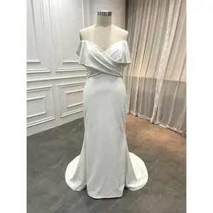 Supplier Modest High Quality Crepe Vintage Simple Wedding Dresses Elegant Women Plus Size Off the Shoulder Pleated Mermaid Gown