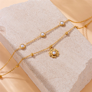 Chevillère double chaîne en acier inoxydable plaqué or avec perles imitation marguerite et breloques petites perles pour adolescentes - Style décontracté - Product Image 3