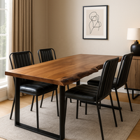 Table à manger en bois d'acacia naturel à bords bruts et courbes naturelles |   Meubles de maison en bois massif de style moderne avec pieds en métal noir pour appartement et villa