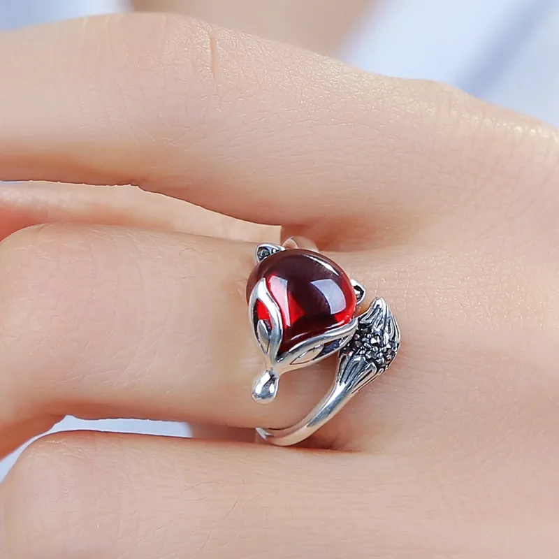 Retro Schattige Vos Ring Voor Vrouwen Vintage Granaat Dier Verstelbare Wijsvinger Ring