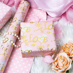 Pink I Love You Gold Foil <b>Wrapping</b> <b>Paper</b> Roll 80GSM Art <b>Paper</b> Coated Double Side Gift Packaging - Product Image 1
