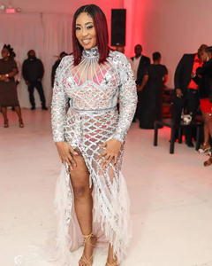 NOVANCE Y1944 Produk Unik Dalam Jala Ikan Berpayet Terbaru Gaun Pinggiran Ekor Ikan Gaun Pesta Wanita Set 2 Potong Perak Seksi - Product Image 5