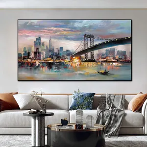 100% handmade Modern City Building American Bridge Landscape abstract hand oil painting art work pictures frame