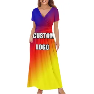 Print on Demand Women's Deep V Neck Short Sleeve Long Dresses Pleated High Waist Club Party Evening Maxi Dress Polyester Fabric