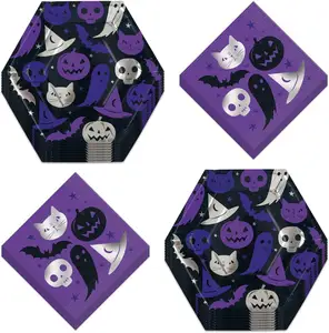 Suministros de Fiesta de Halloween personalizables, placas de Papel hexagonales, con diseños de gato morado, fantasma, huesos, demonio y calabaza