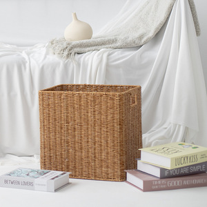 Cesta de almacenamiento tejida a mano, rectangular, con asas, 34x26x33cm, para ordenar y guardar, estilo europeo, imitación ratán - Product Image 2