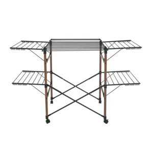 Séchoir à linge pliable en métal de haute qualité avec roulettes, pinces <span class=keywords><strong>et</strong></span> pieds aspect <span class=keywords><strong>bois</strong></span>, support de séchage pour intérieur <span class=keywords><strong>et</strong></span> extérieur, <span class=keywords><strong>noir</strong></span> - Product Image 1