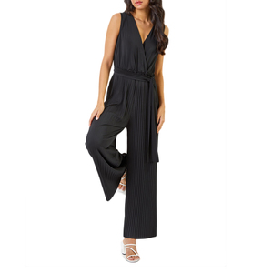 <span class=keywords><strong>Tuta</strong></span> da donna profonda scollo a V senza maniche avvolgente cravatta in vita dettaglio <span class=keywords><strong>tuta</strong></span> a pieghe in nero pagliaccetti lunghi pantaloni larghi completo completo - Product Image 2