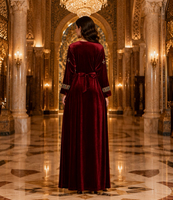 Abaya brodée à col rond, manches longues, en velours, robe de soirée maxi musulmane, robe kaftan luxueuse à perles pour mariage et fête
