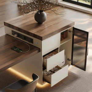 Table de salle à manger îlot en bois massif avec plateau télescopique intégré en pierre frittée, idéale pour les restaurants et les hôtels - Product Image 3