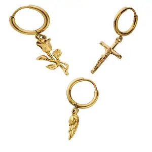 Custom Men Crucifix Pendant Earrings Stainless Steel Rose Flower Charms Mini Hoop Huggie Angel Wings Dangle Earring