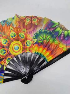 2024 Folk Art Style Logo imprimé personnalisé ventilateur à main pliant Stock d'usine bambou et UV imprimé tissu peint Technique - Product Image 3