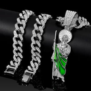 Conjunto de Cadena Miami Cuban Link y Colgante de San Judas con Diamantes CZ, Chapado en Oro, Estilo Hip Hop, Esmalte Verde, Religioso, de Moda - Product Image 2