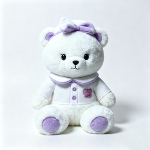 Customized Soft fuzzy teddy,White teddy <b>bear</b> plush with purple bow headband,White shirt with purple trim and <b>flower</b> embroidery - Product Image 5