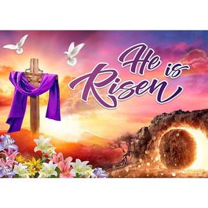 Fond de photographie « Il est ressuscité » avec croix de Pâques et fleurs, toile de fond photo, bannière de fête, décorations personnalisables - Product Image 1