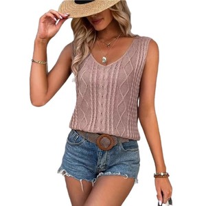 H26422 OEM&ODM Gilet tricoté printemps-été col en V uni torsadé décontracté pour femme - Product Image 6