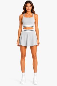 Ensemble 2 pièces crop top et jupe évasée, col carré, bretelles halter, taille haute, bordure contrastante, respirant, en Spandex et Polyester, pour le yoga - Product Image 4