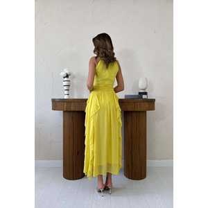 Robe de bal jaune longue en gros, robe de soirée formelle à col haut, à paillettes, romantique, à volants, froncée devant - Product Image 1