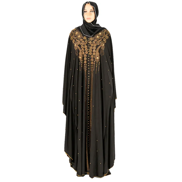 Latest Modest Wear Black Dubai Evening Kaftan Beads Abaya Dress/ Farasha/ Moroccan Kaftan Robe in Bulk Sale Factory Directly