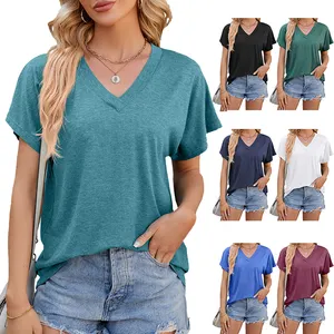 Wholesale Custom Logo High Quality Summer V-Neck Short Sleeved T-Shirt Women Basic Blank Solid Plain T Shirt